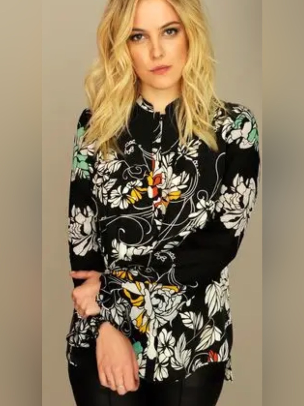 Rachel Roy Black Floral Long Sleeve Blouse Medium